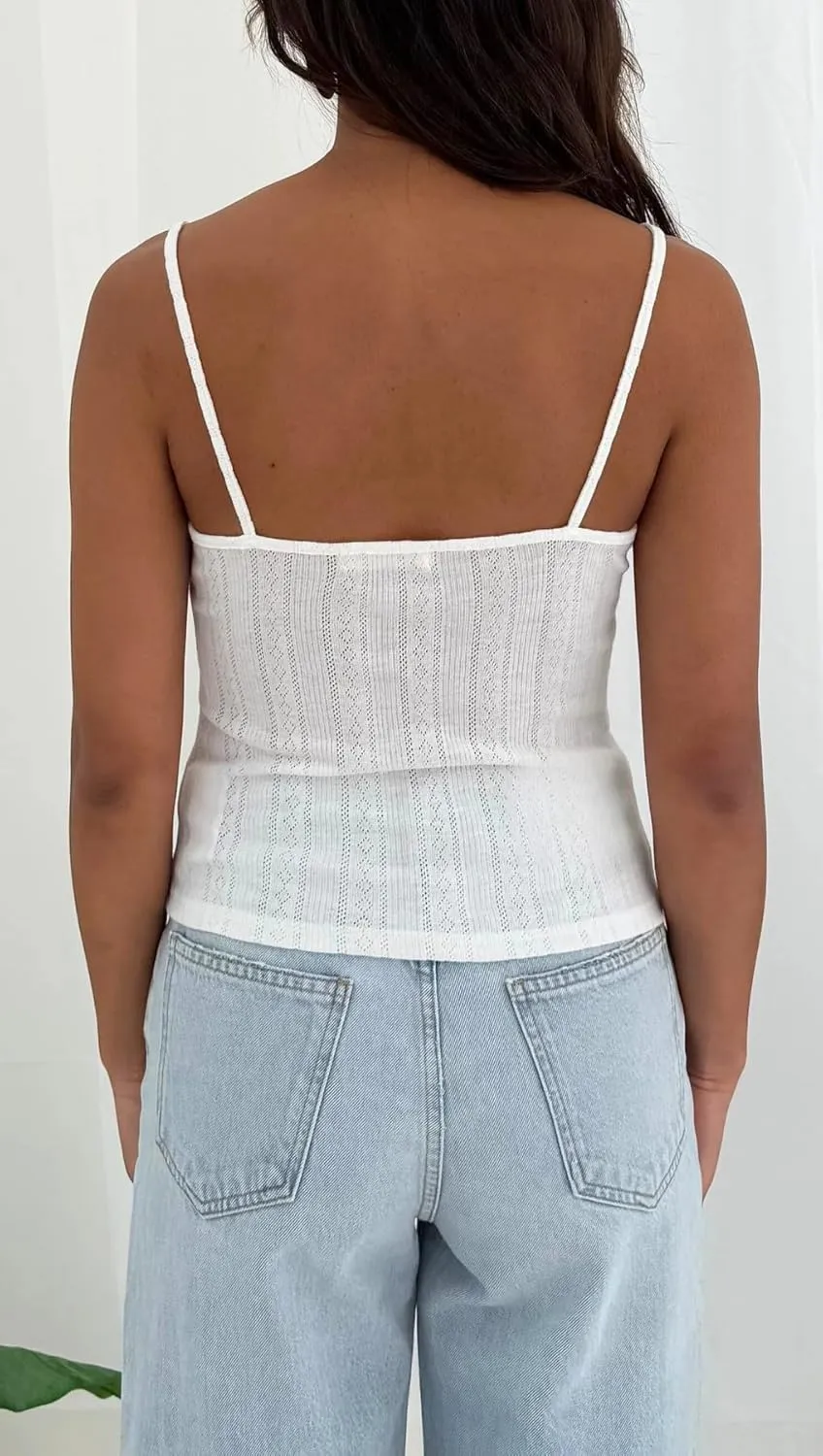 Women Y2k Lace Trim Pointelle Spaghetti Strap Crop Tank Tops Cute Bow V Neck Backless Going Out Camisole Shirts