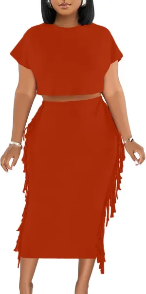 Women's 2 Piece Outfits Crew Neck Fringe Short Sleeve Crop Top and Tassel Trim Bodycon Midi Skirt Set (Large,Solid Red)
