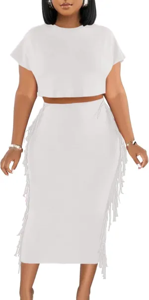 Women's 2 Piece Outfits Crew Neck Fringe Short Sleeve Crop Top and Tassel Trim Bodycon Midi Skirt Set (Large,Solid White)