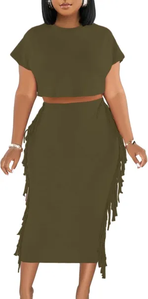 Women's 2 Piece Outfits Crew Neck Fringe Short Sleeve Crop Top and Tassel Trim Bodycon Midi Skirt Set (Medium,Army Green)