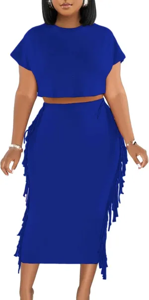 Women's 2 Piece Outfits Crew Neck Fringe Short Sleeve Crop Top and Tassel Trim Bodycon Midi Skirt Set (Small,Solid Blue)