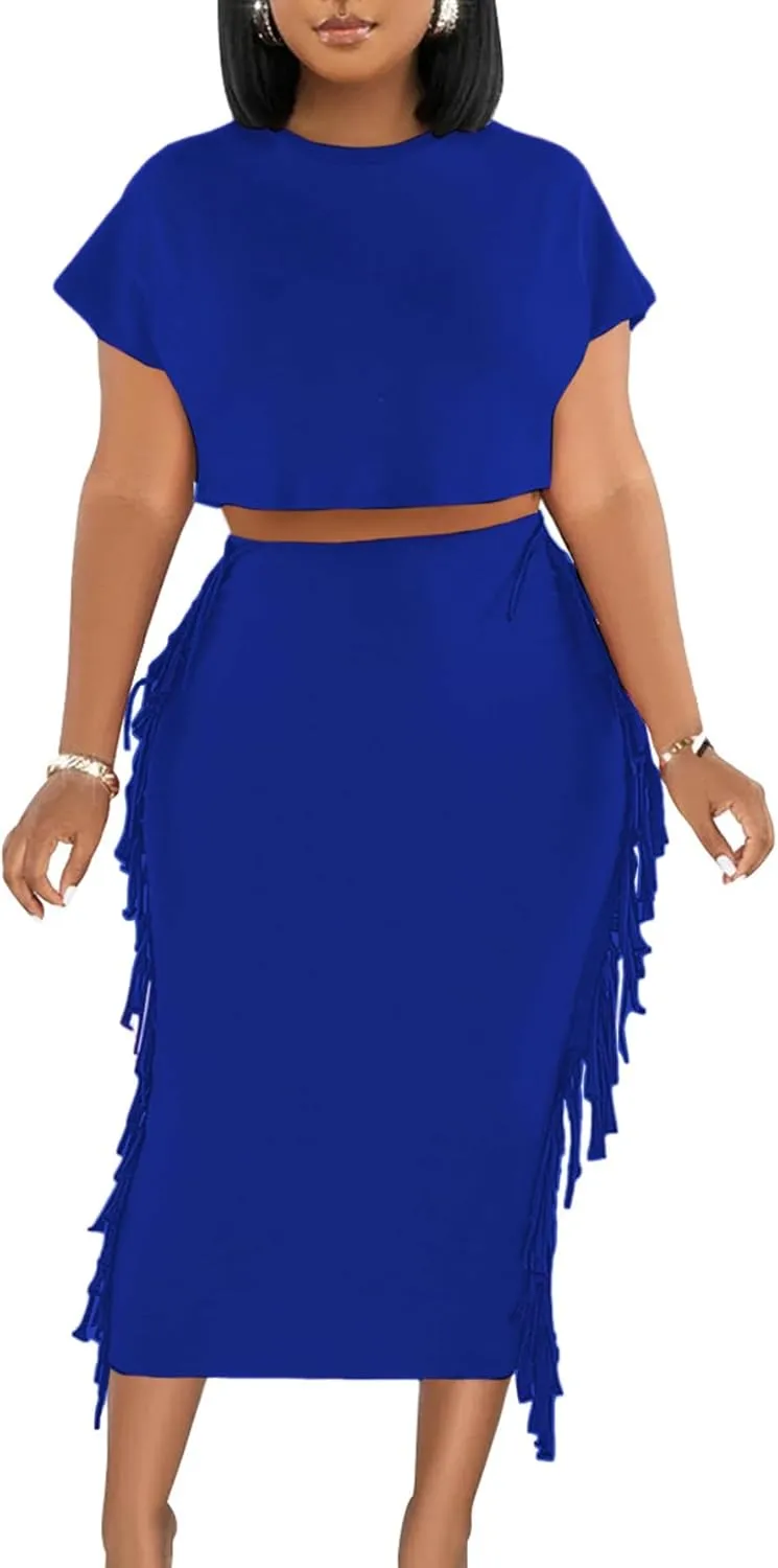 Women's 2 Piece Outfits Crew Neck Fringe Short Sleeve Crop Top and Tassel Trim Bodycon Midi Skirt Set (X-Large,Solid Blue)