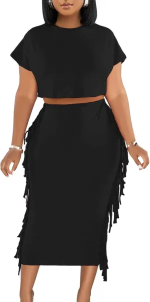 Women's 2 Piece Outfits Crew Neck Fringe Short Sleeve Crop Top and Tassel Trim Bodycon Midi Skirt Set (XX-Large,Solid Black)
