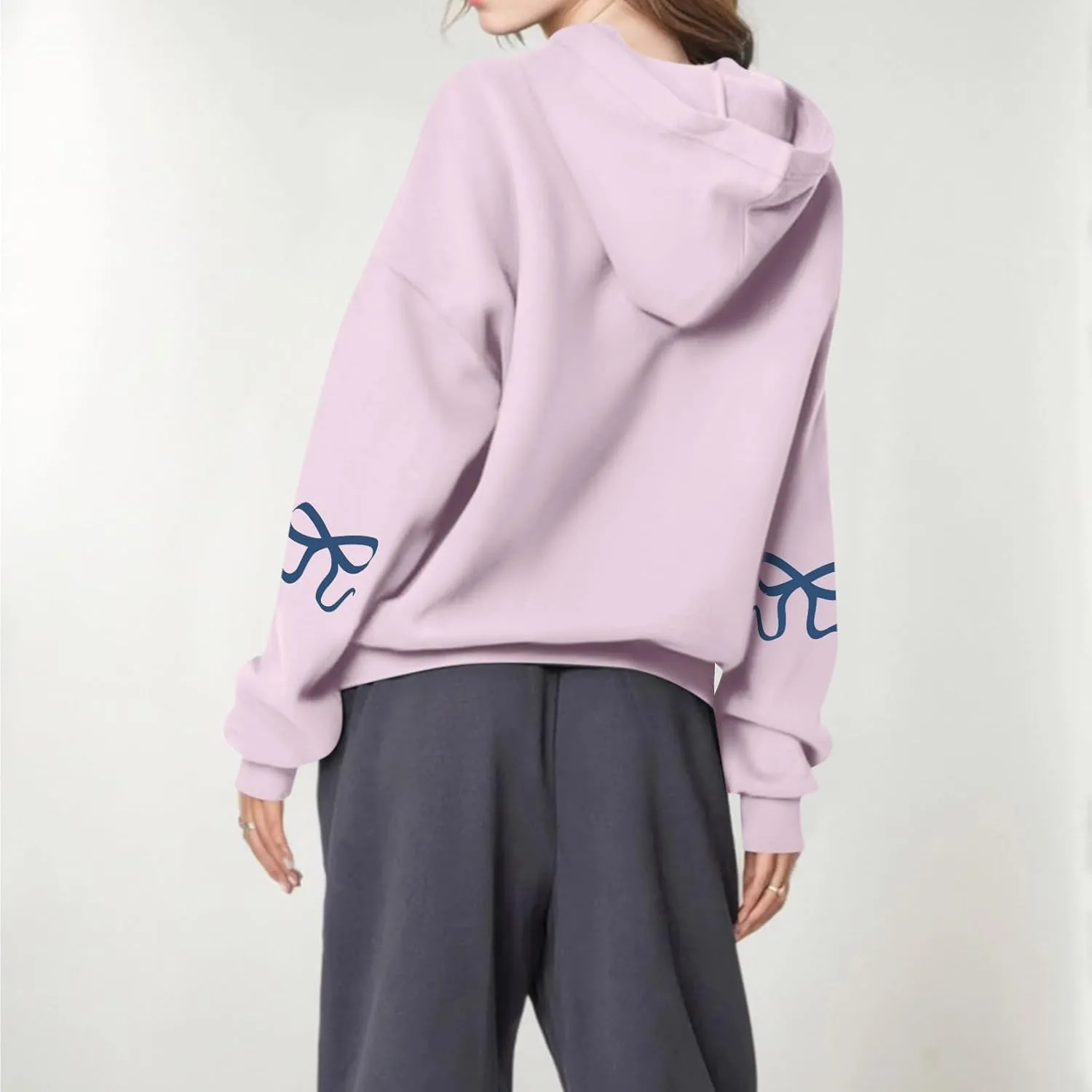 Women's Bow Trim Print Fleeced Hoodies Oversized Long Sleeve Hooded Sweatshirts Drop Shoulder Pullover Top
