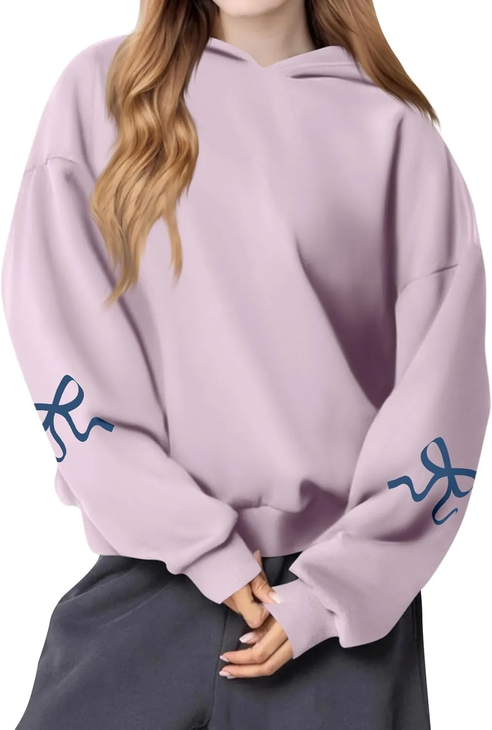 Women's Bow Trim Print Fleeced Hoodies Oversized Long Sleeve Hooded Sweatshirts Drop Shoulder Pullover Top
