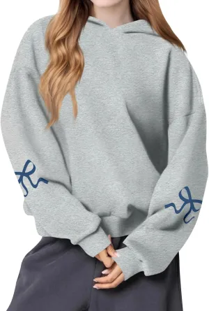 Women's Bow Trim Print Fleeced Hoodies Oversized Long Sleeve Hooded Sweatshirts Drop Shoulder Pullover Top