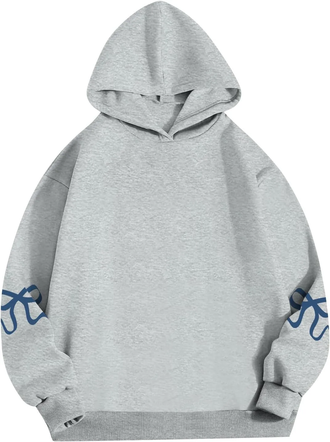 Women's Bow Trim Print Fleeced Hoodies Oversized Long Sleeve Hooded Sweatshirts Drop Shoulder Pullover Top