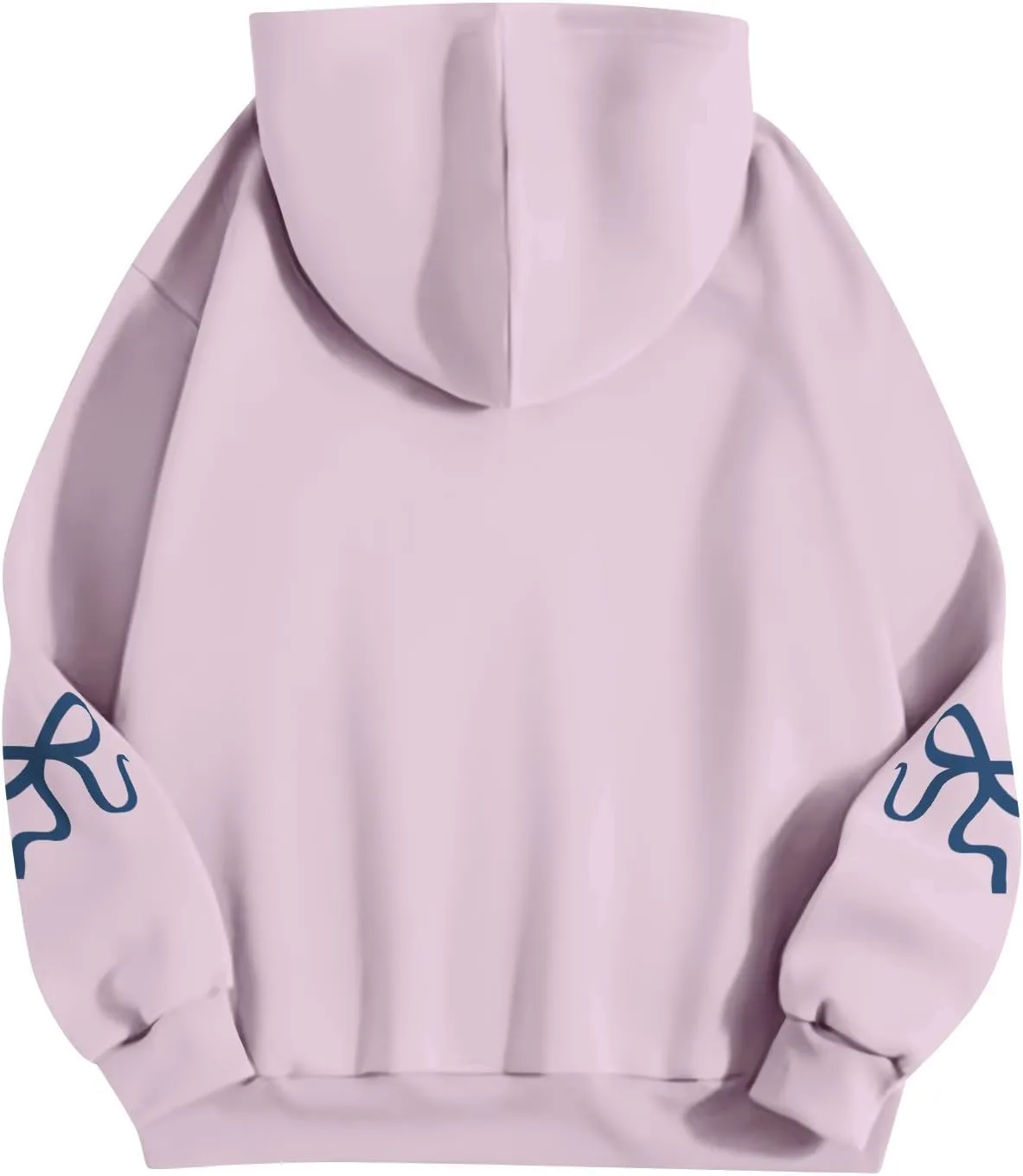 Women's Bow Trim Print Fleeced Hoodies Oversized Long Sleeve Hooded Sweatshirts Drop Shoulder Pullover Top