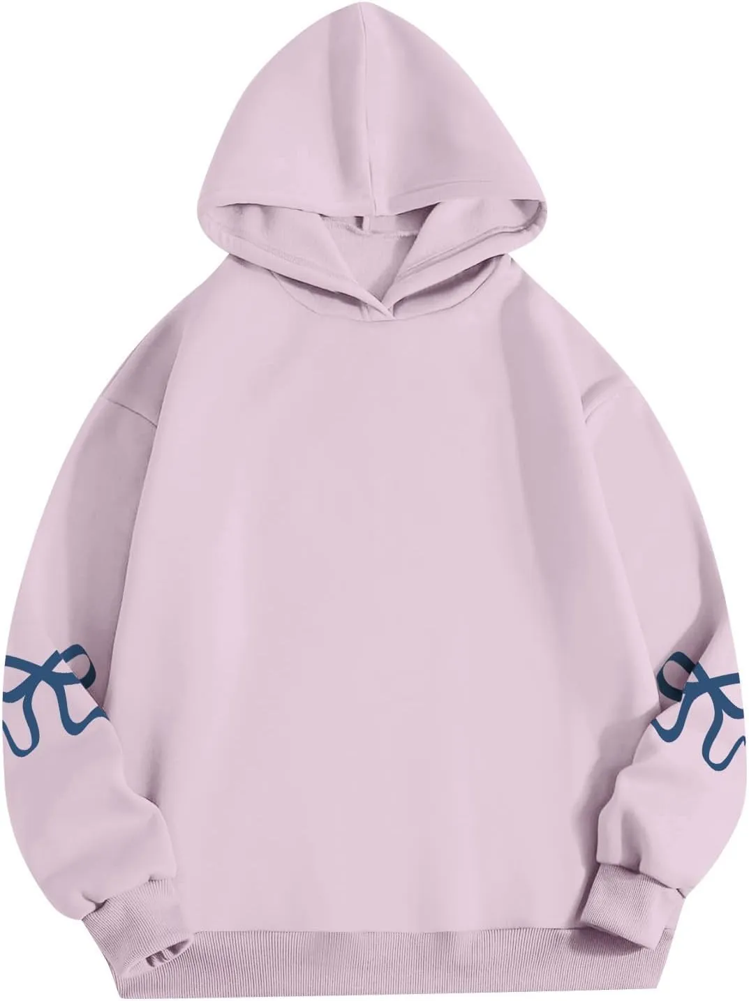 Women's Bow Trim Print Fleeced Hoodies Oversized Long Sleeve Hooded Sweatshirts Drop Shoulder Pullover Top