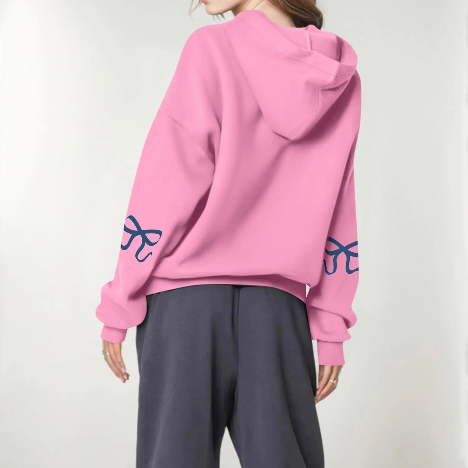 Women's Bow Trim Print Fleeced Hoodies Oversized Long Sleeve Hooded Sweatshirts Drop Shoulder Pullover Top