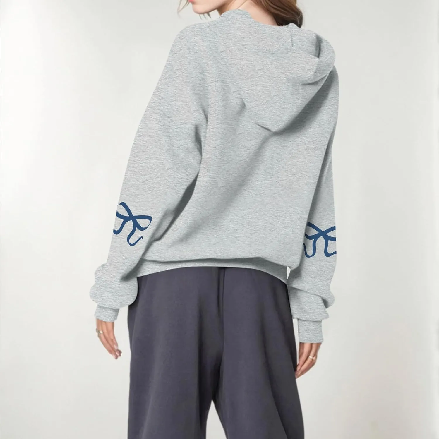 Women's Bow Trim Print Fleeced Hoodies Oversized Long Sleeve Hooded Sweatshirts Drop Shoulder Pullover Top