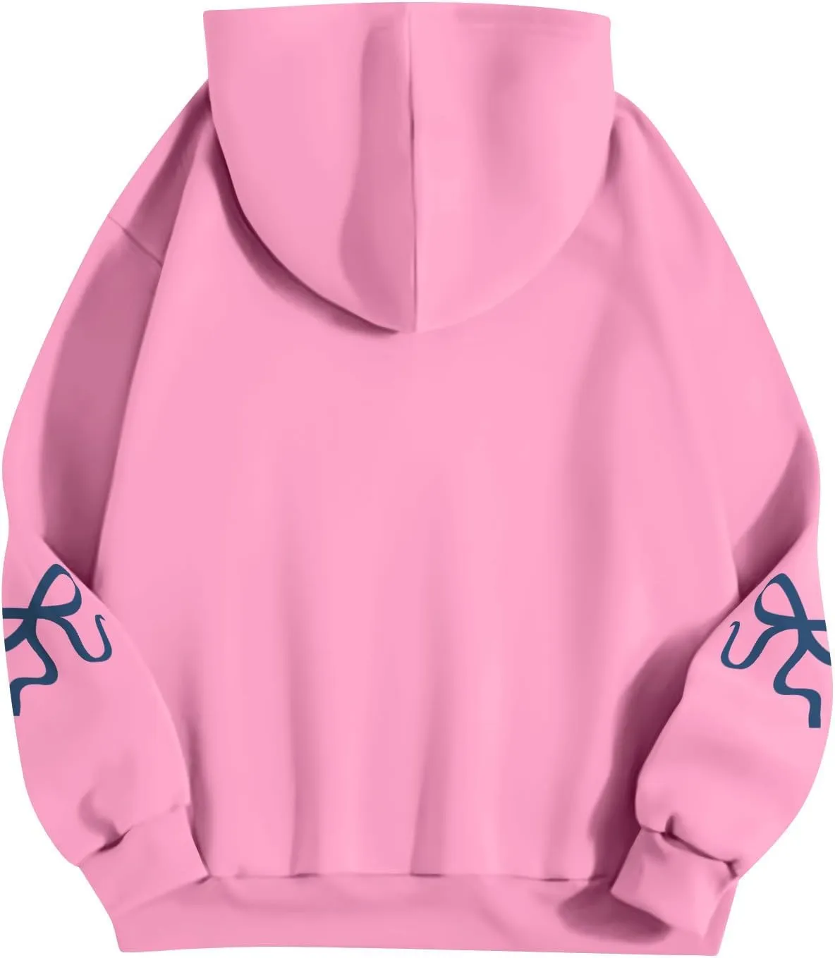 Women's Bow Trim Print Fleeced Hoodies Oversized Long Sleeve Hooded Sweatshirts Drop Shoulder Pullover Top