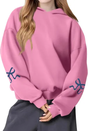 Women's Bow Trim Print Fleeced Hoodies Oversized Long Sleeve Hooded Sweatshirts Drop Shoulder Pullover Top