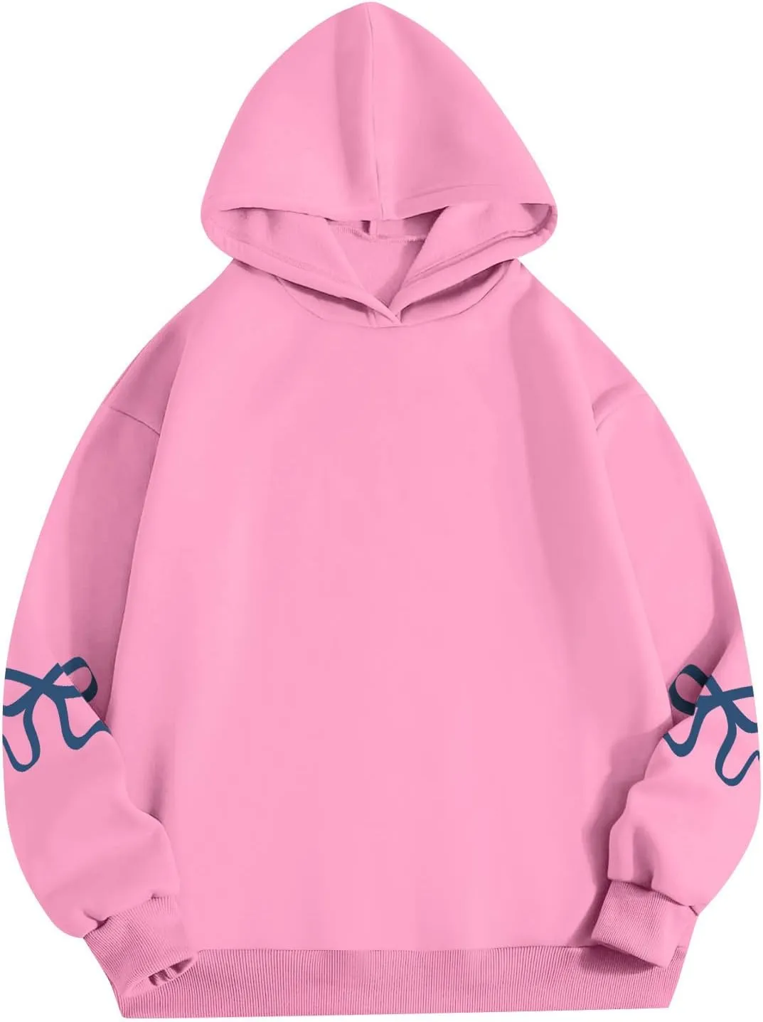 Women's Bow Trim Print Fleeced Hoodies Oversized Long Sleeve Hooded Sweatshirts Drop Shoulder Pullover Top