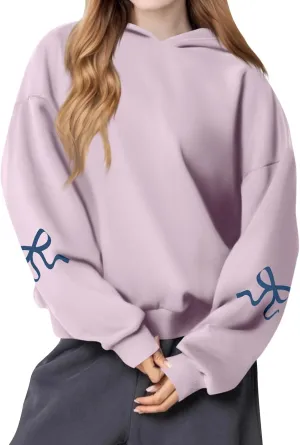 Women's Bow Trim Print Fleeced Hoodies Oversized Long Sleeve Hooded Sweatshirts Drop Shoulder Pullover Top