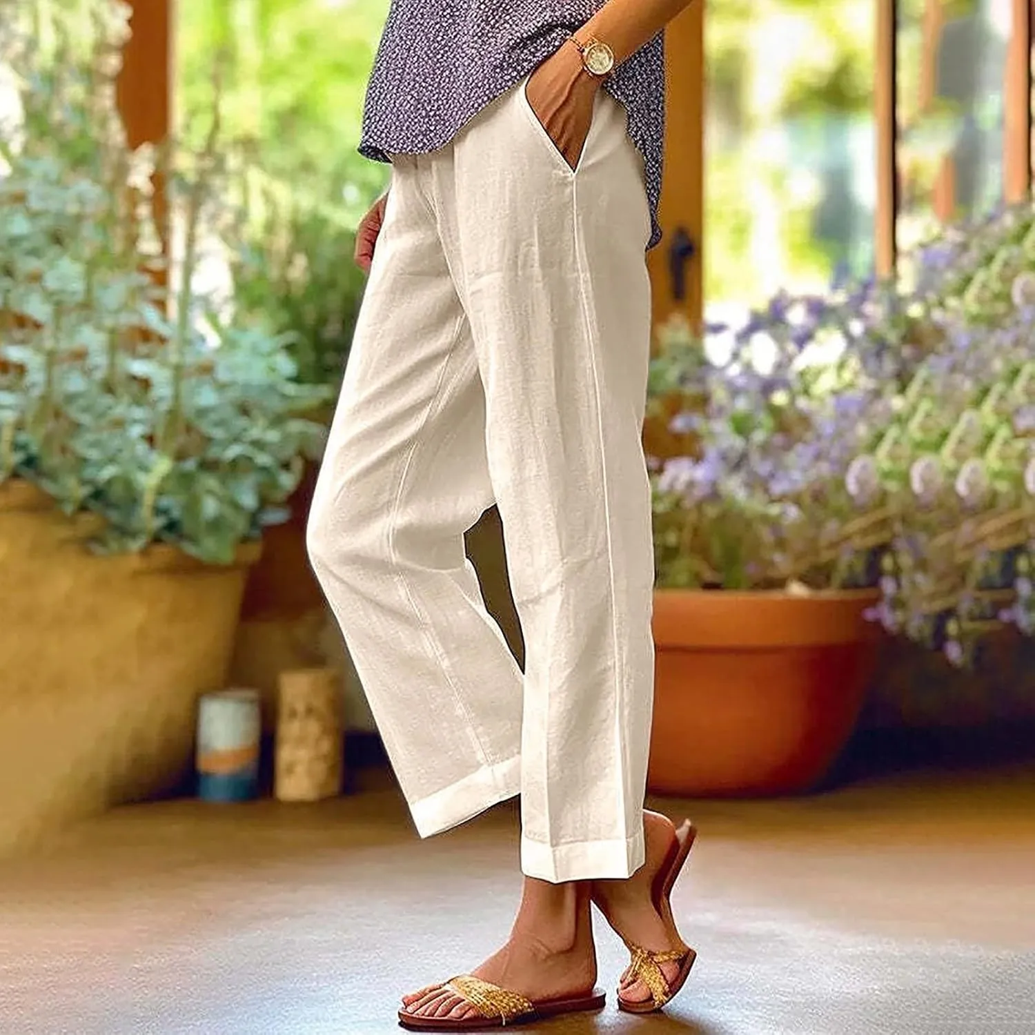 Women's Capris Pants Casual Cotton Linen Straight Wide Leg Drawstring Elastic Waist Summer Baggy Trouser Buttons Trim