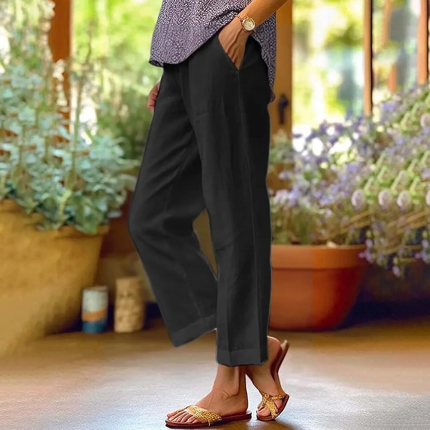 Women's Capris Pants Casual Cotton Linen Straight Wide Leg Drawstring Elastic Waist Summer Baggy Trouser Buttons Trim