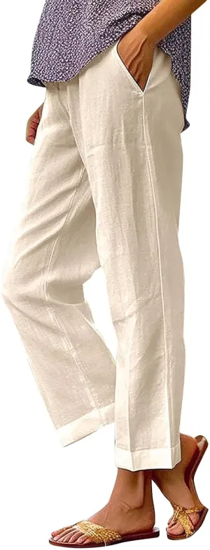 Women's Capris Pants Casual Cotton Linen Straight Wide Leg Drawstring Elastic Waist Summer Baggy Trouser Buttons Trim
