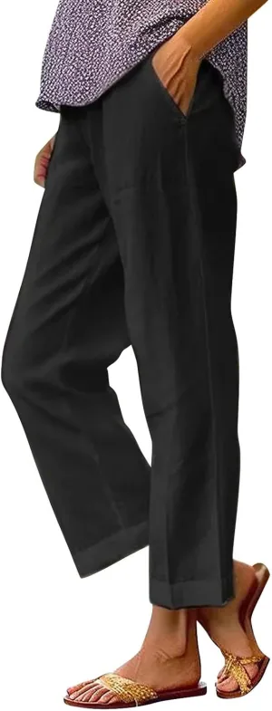Women's Capris Pants Casual Cotton Linen Straight Wide Leg Drawstring Elastic Waist Summer Baggy Trouser Buttons Trim