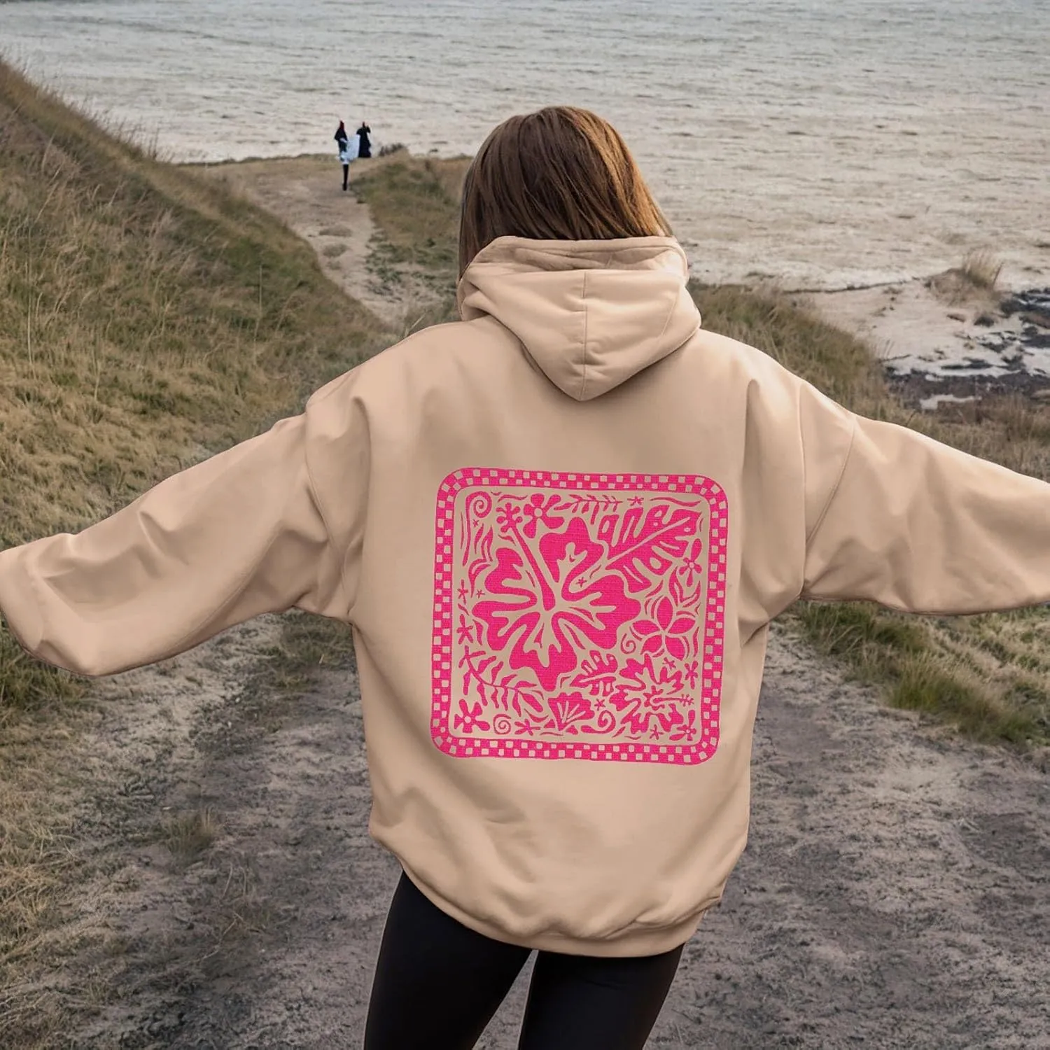 Women's Graphic Print Hoodies Oversized Long Sleeve Hooded Sweatshirts Cherry Floral Drop Shoulder Pullover Top