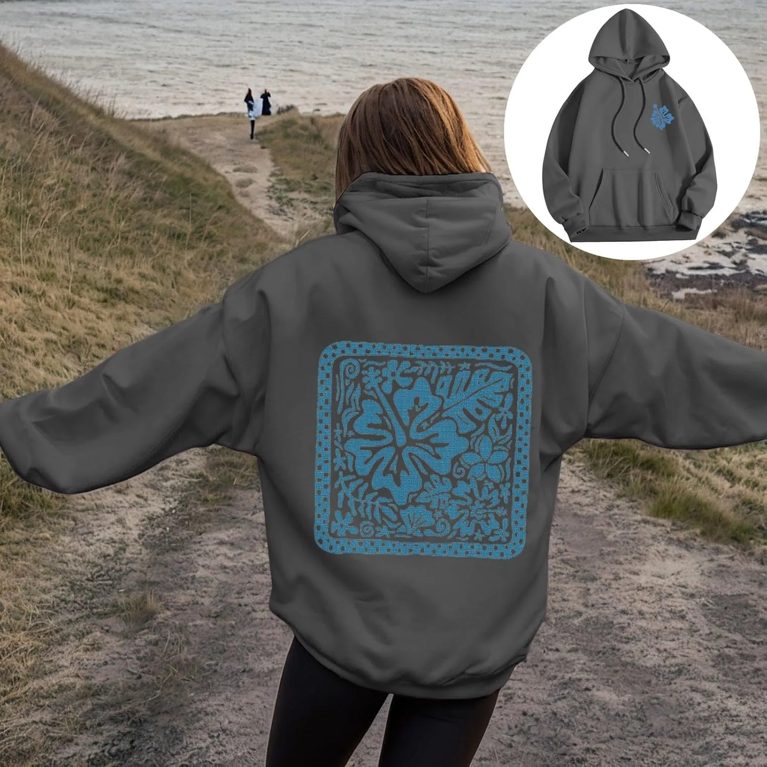 Women's Graphic Print Hoodies Oversized Long Sleeve Hooded Sweatshirts Cherry Floral Drop Shoulder Pullover Top