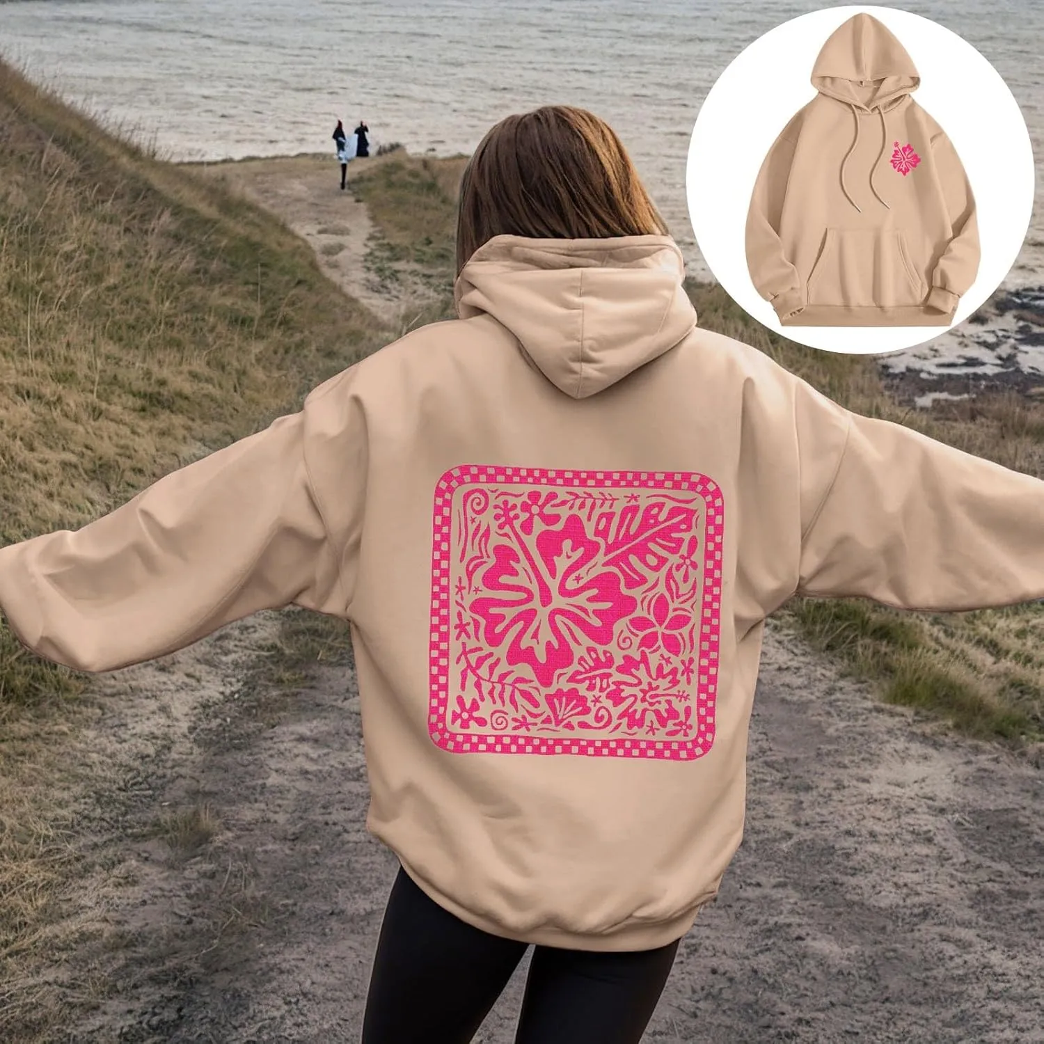 Women's Graphic Print Hoodies Oversized Long Sleeve Hooded Sweatshirts Cherry Floral Drop Shoulder Pullover Top