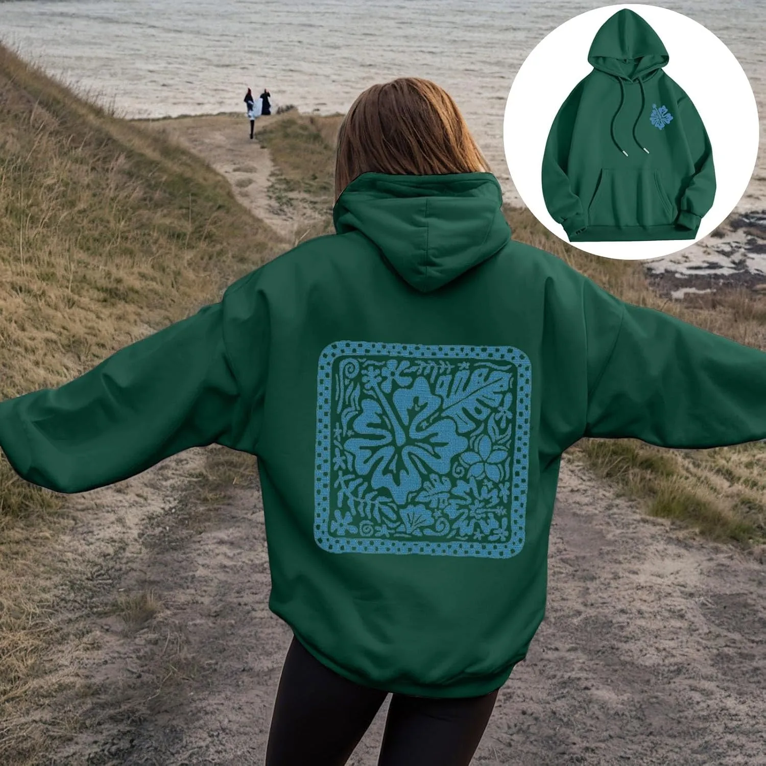 Women's Graphic Print Hoodies Oversized Long Sleeve Hooded Sweatshirts Cherry Floral Drop Shoulder Pullover Top