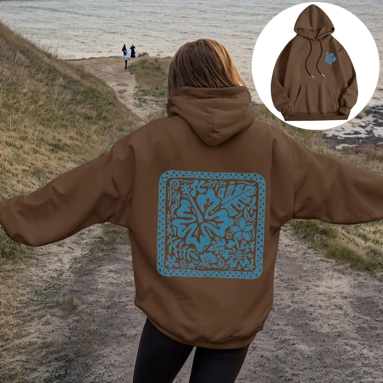 Women's Graphic Print Hoodies Oversized Long Sleeve Hooded Sweatshirts Cherry Floral Drop Shoulder Pullover Top