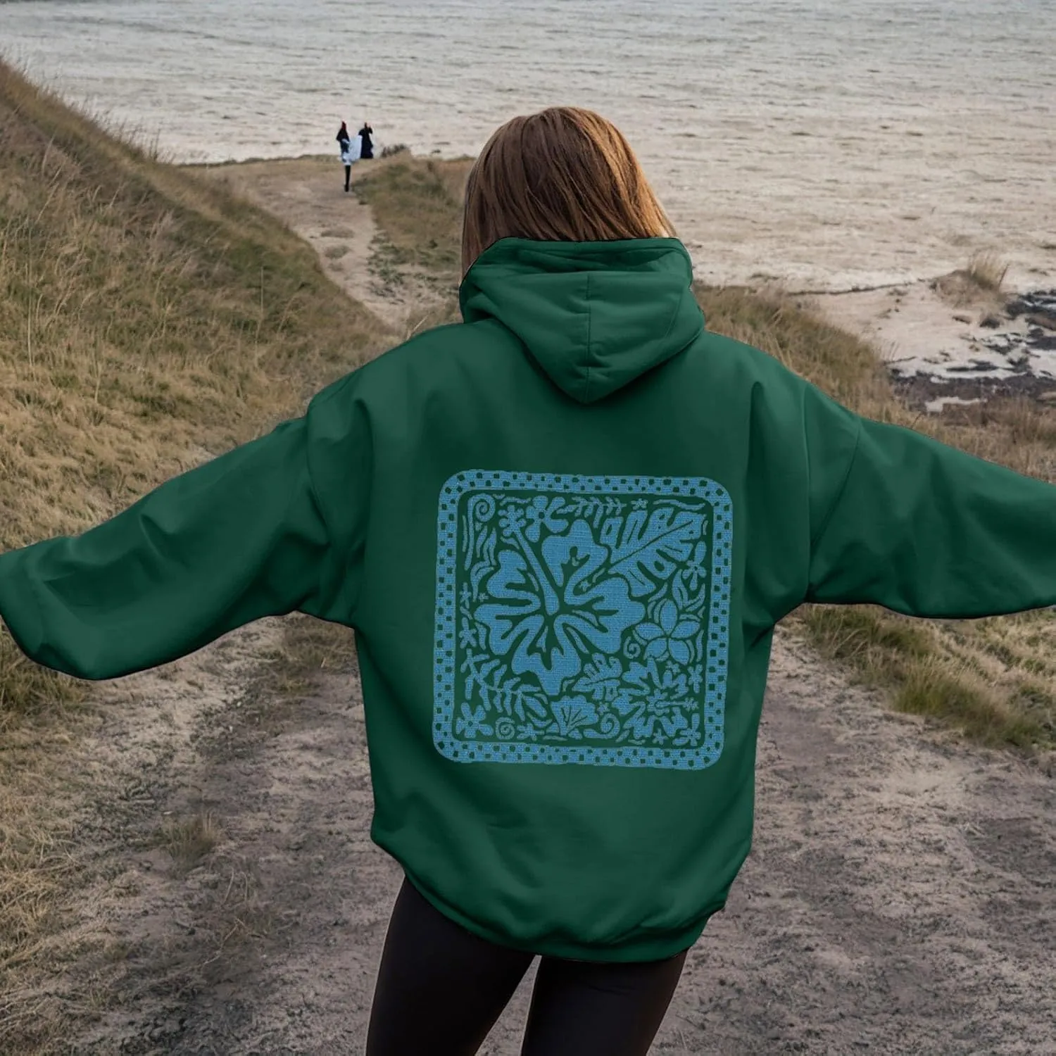 Women's Graphic Print Hoodies Oversized Long Sleeve Hooded Sweatshirts Cherry Floral Drop Shoulder Pullover Top
