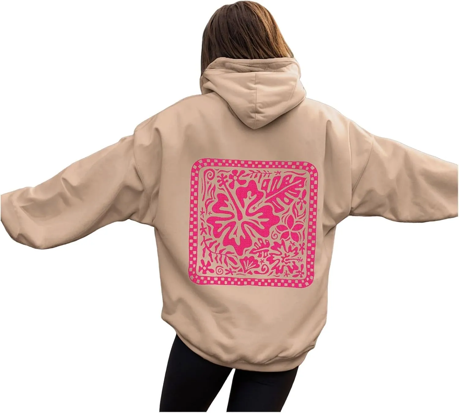 Women's Graphic Print Hoodies Oversized Long Sleeve Hooded Sweatshirts Cherry Floral Drop Shoulder Pullover Top