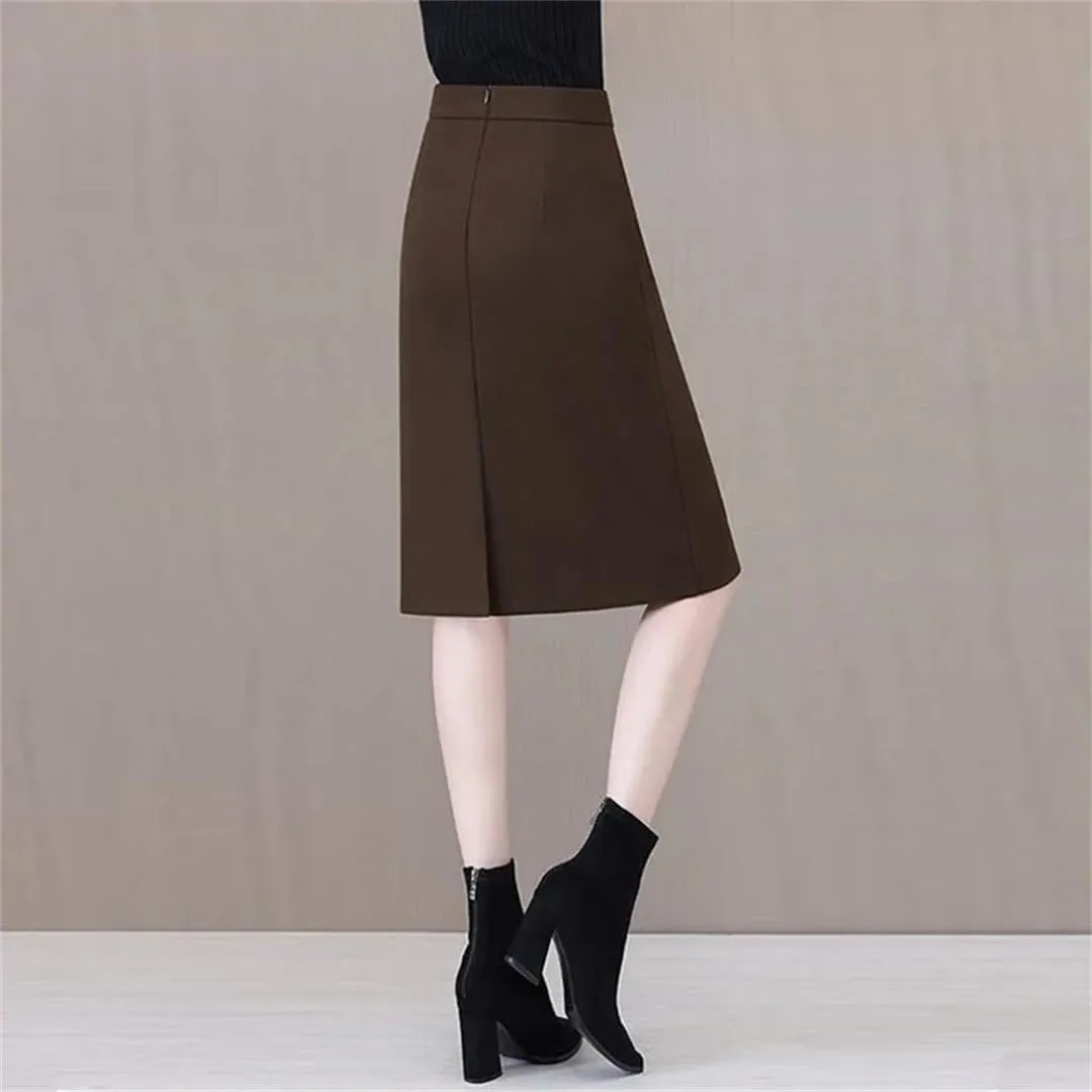 Women's Half Length Skirt Slit Thick A Line Office Bodycon Skirts High Waist Knee-Length Midi Skirt