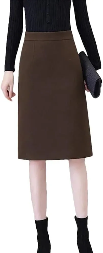 Women's Half Length Skirt Slit Thick A Line Office Bodycon Skirts High Waist Knee-Length Midi Skirt