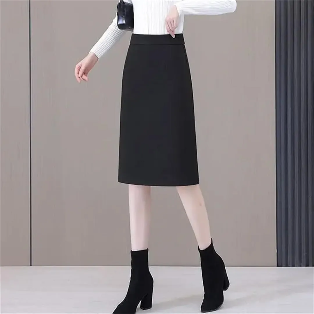 Women's Half Length Skirt Slit Thick A Line Office Bodycon Skirts High Waist Knee-Length Midi Skirt