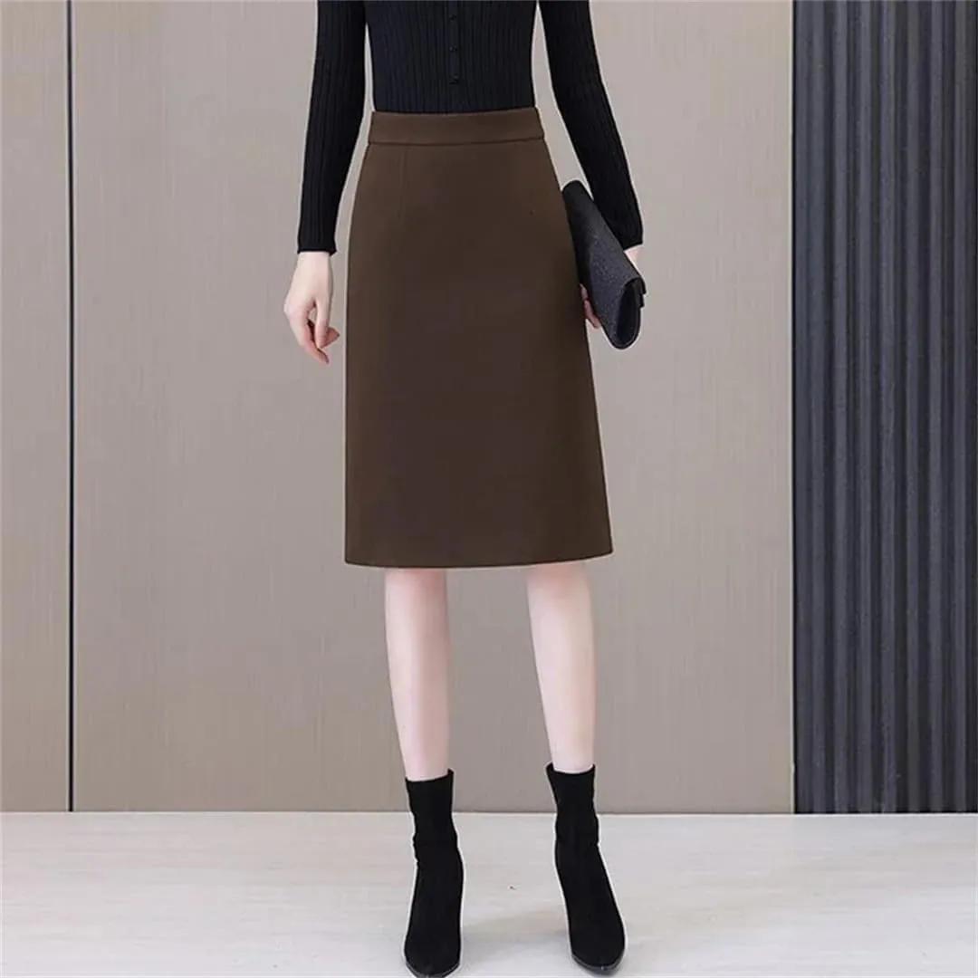 Women's Half Length Skirt Slit Thick A Line Office Bodycon Skirts High Waist Knee-Length Midi Skirt