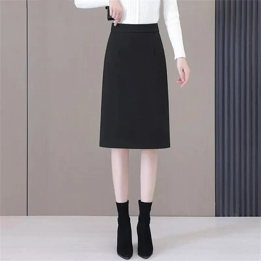 Women's Half Length Skirt Slit Thick A Line Office Bodycon Skirts High Waist Knee-Length Midi Skirt
