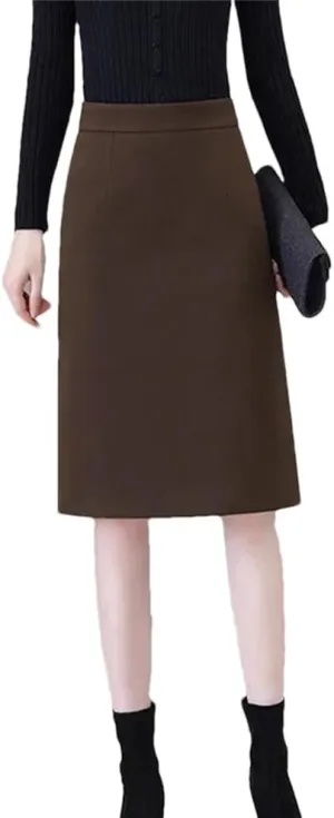 Women's Half Length Skirt Slit Thick A Line Office Bodycon Skirts High Waist Knee-Length Midi Skirt