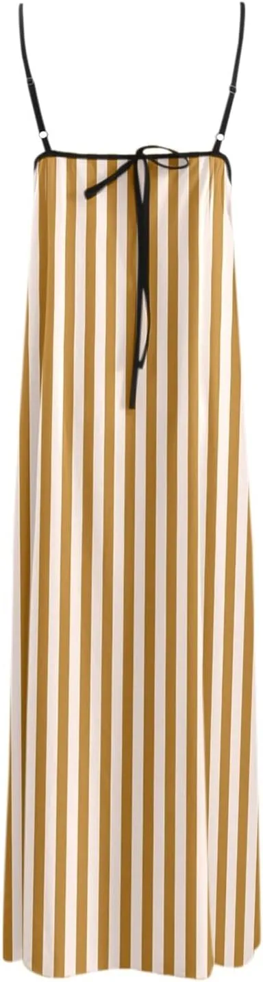 Womens Linen Maxi Dress Contrast Trim Spaghetti Straps Summer Outfits Travel Vacation Sleeveless Long Dresses