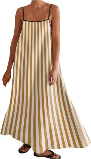 Womens Linen Maxi Dress Contrast Trim Spaghetti Straps Summer Outfits Travel Vacation Sleeveless Long Dresses