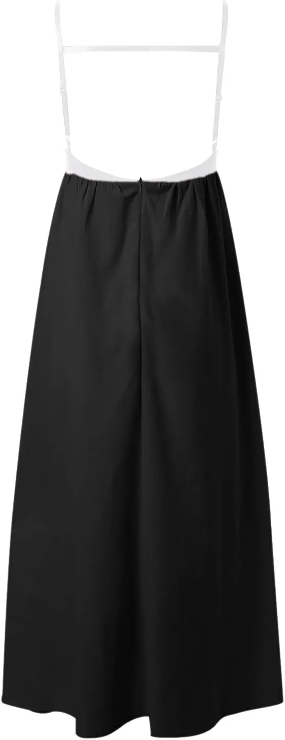 Womens Linen Maxi Dress Travel Vacation Contrast Trim Spaghetti Straps Summer Outfits Sleeveless Long Dresses