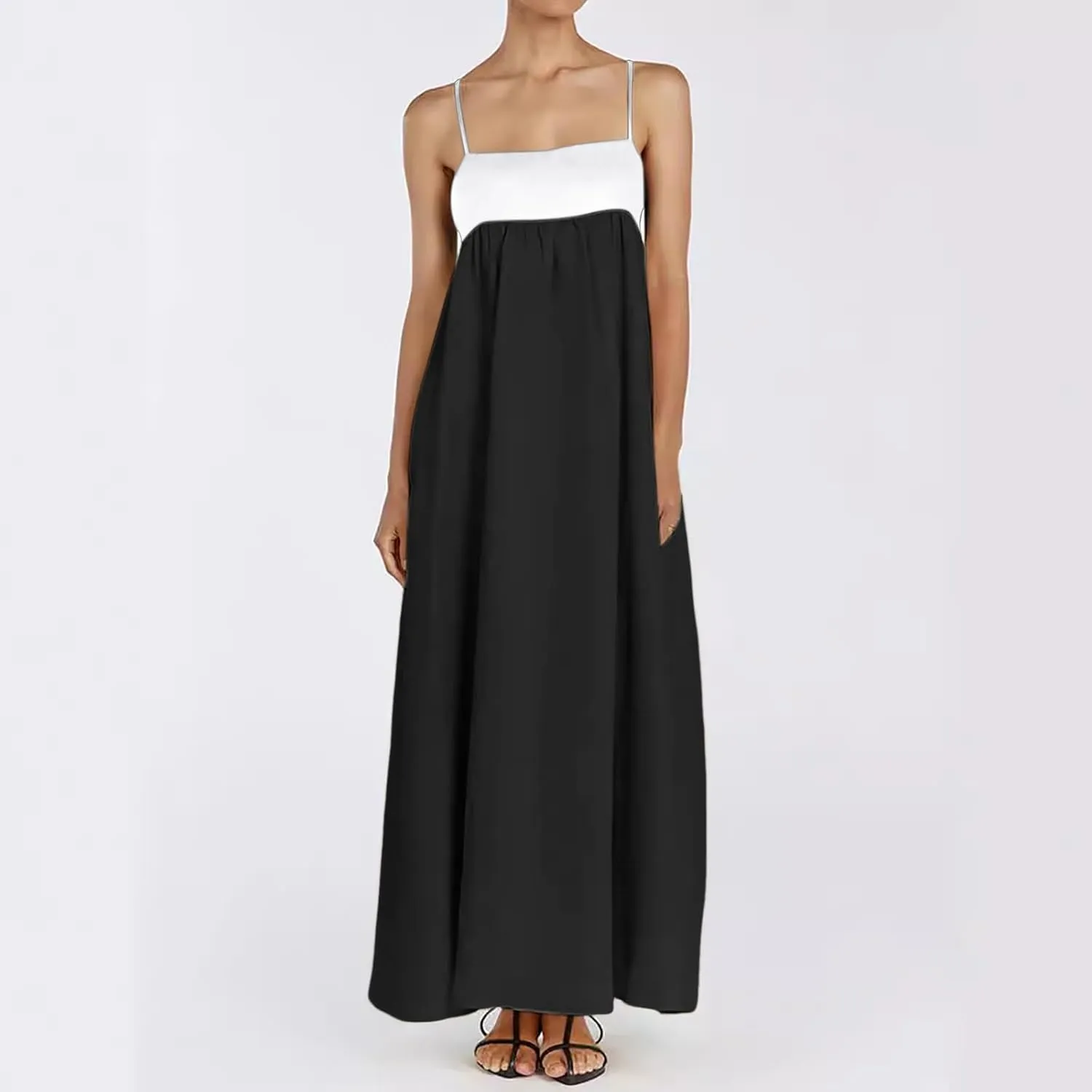Womens Linen Maxi Dress Travel Vacation Contrast Trim Spaghetti Straps Summer Outfits Sleeveless Long Dresses