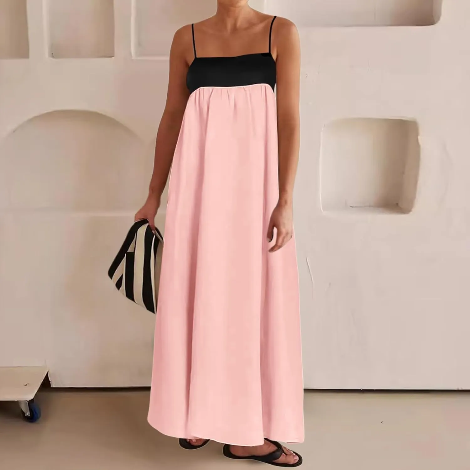 Womens Linen Maxi Dress Travel Vacation Contrast Trim Spaghetti Straps Summer Outfits Sleeveless Long Dresses