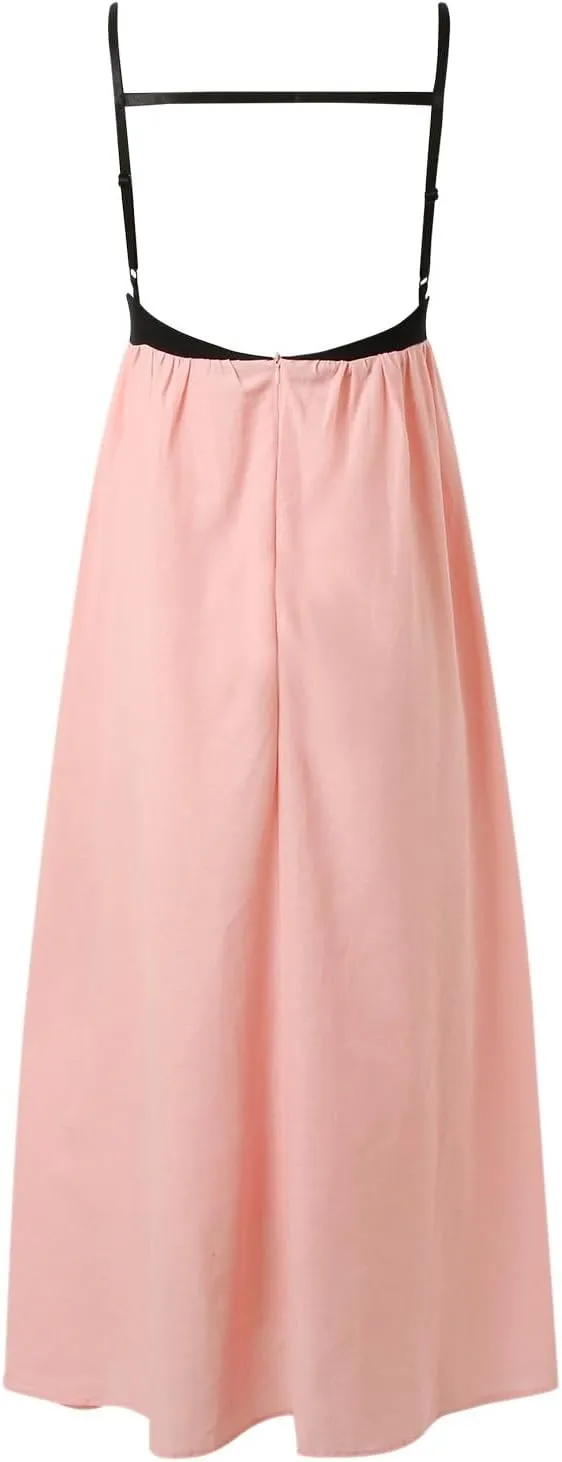 Womens Linen Maxi Dress Travel Vacation Contrast Trim Spaghetti Straps Summer Outfits Sleeveless Long Dresses