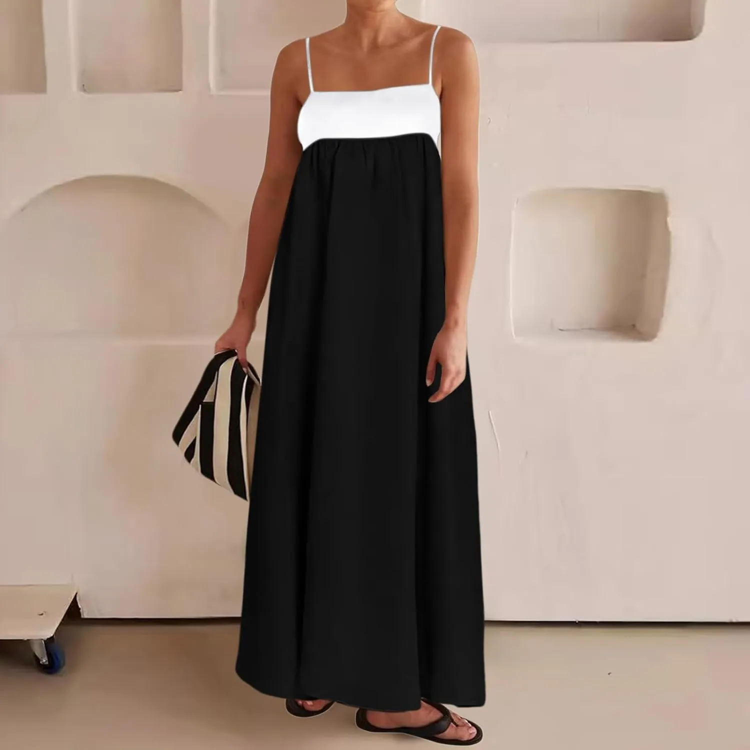 Womens Linen Maxi Dress Travel Vacation Contrast Trim Spaghetti Straps Summer Outfits Sleeveless Long Dresses
