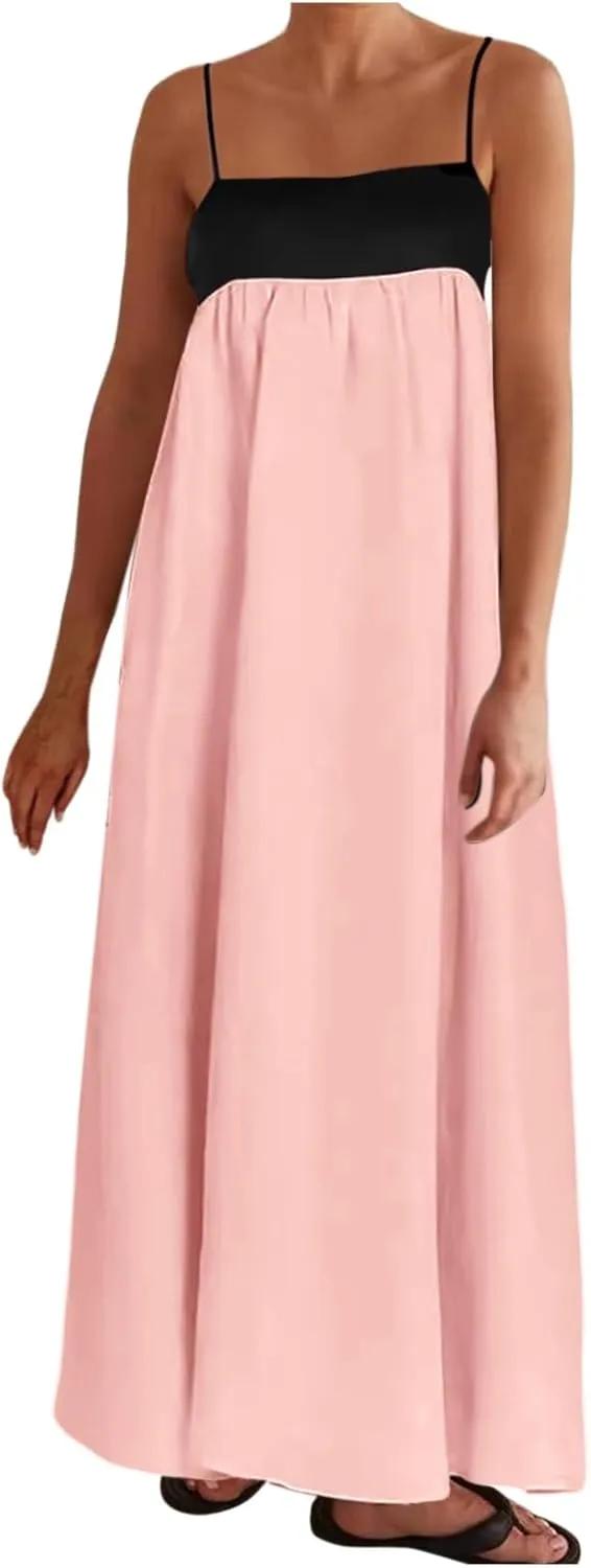 Womens Linen Maxi Dress Travel Vacation Contrast Trim Spaghetti Straps Summer Outfits Sleeveless Long Dresses