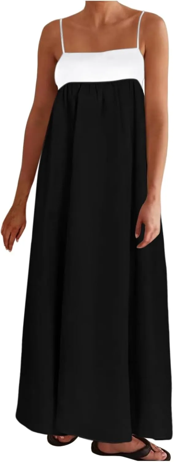 Womens Linen Maxi Dress Travel Vacation Contrast Trim Spaghetti Straps Summer Outfits Sleeveless Long Dresses