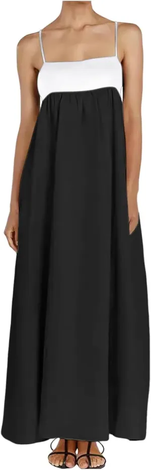 Womens Linen Maxi Dress Travel Vacation Contrast Trim Spaghetti Straps Summer Outfits Sleeveless Long Dresses