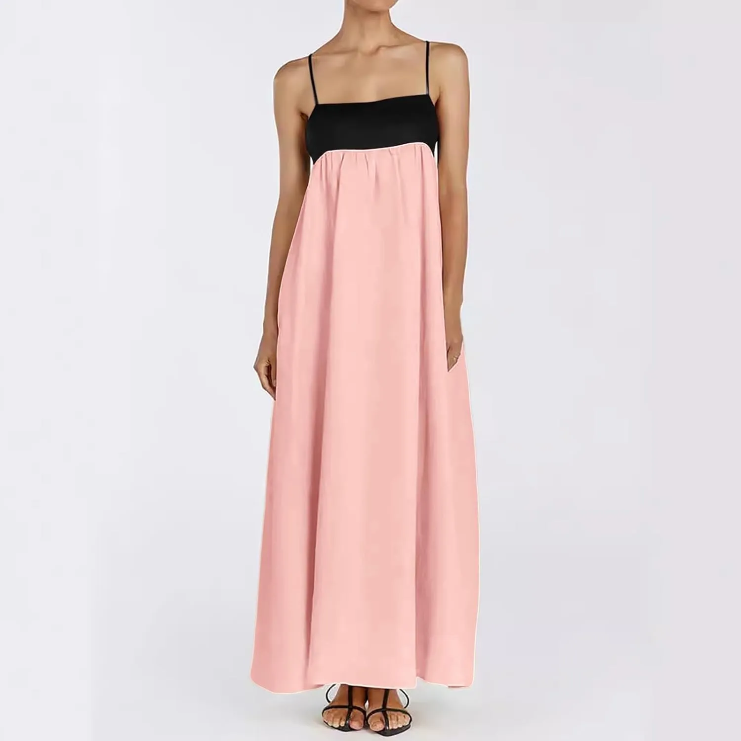 Womens Linen Maxi Dress Travel Vacation Contrast Trim Spaghetti Straps Summer Outfits Sleeveless Long Dresses