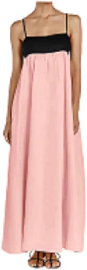 Womens Linen Maxi Dress Travel Vacation Contrast Trim Spaghetti Straps Summer Outfits Sleeveless Long Dresses