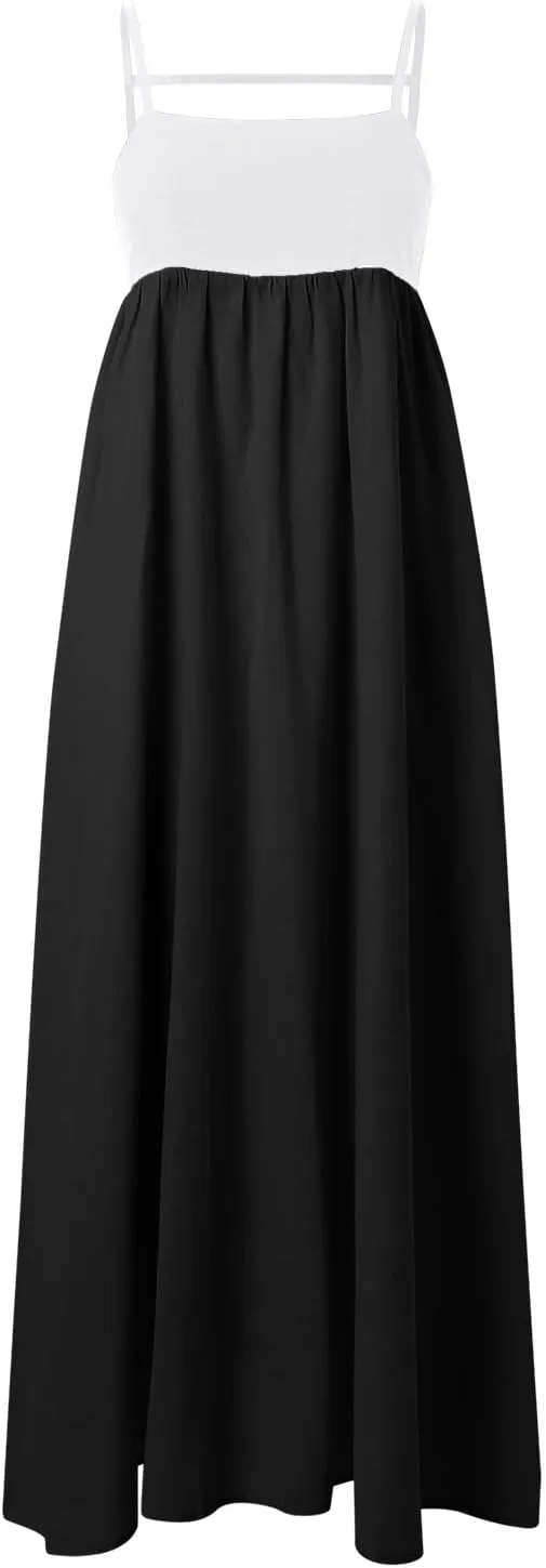 Womens Linen Maxi Dress Travel Vacation Contrast Trim Spaghetti Straps Summer Outfits Sleeveless Long Dresses