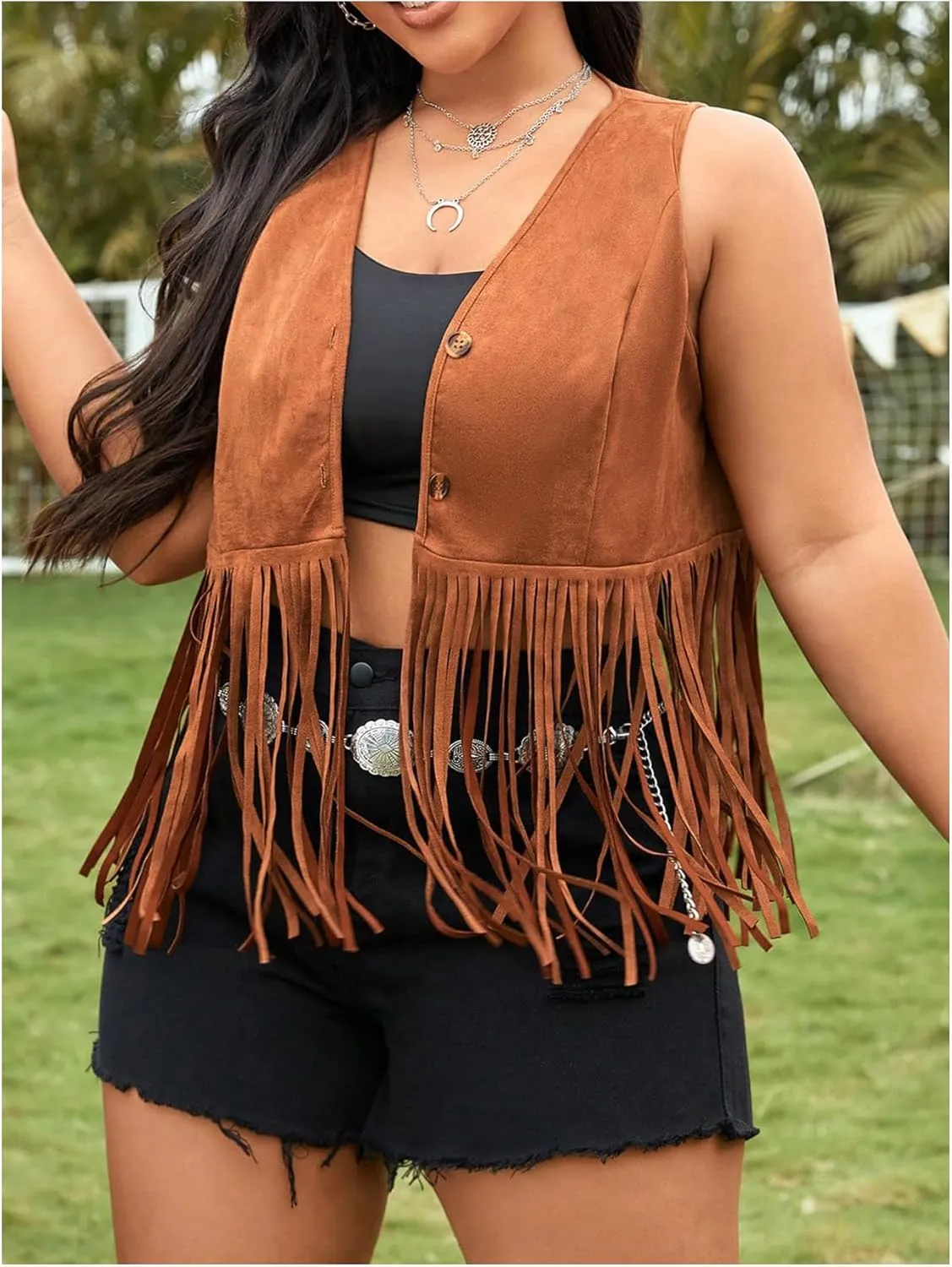 Women's Plus Size Fringe Trim Hem Jacket Sleeveless V Neck Button Front Vintage Jackets 70s Outfits